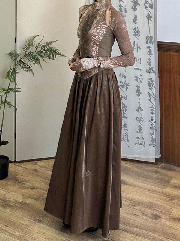 Langärmliges Maxikleid mit Spleißmuster und Stammesmuster-1