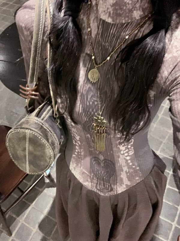 Langärmliges Maxikleid mit Spleißmuster und Stammesmuster-2