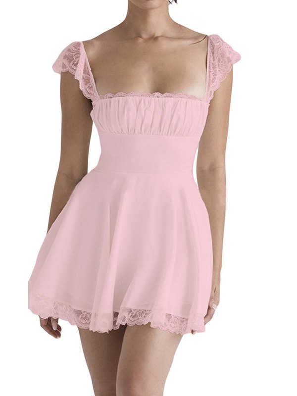 Weißes Minikleid mit Schnürung am Rücken und Spitzenbesatz-2