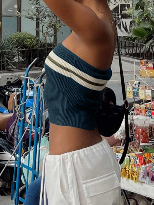 Gestricktes, gestreiftes Bandeau-Crop-Top-3