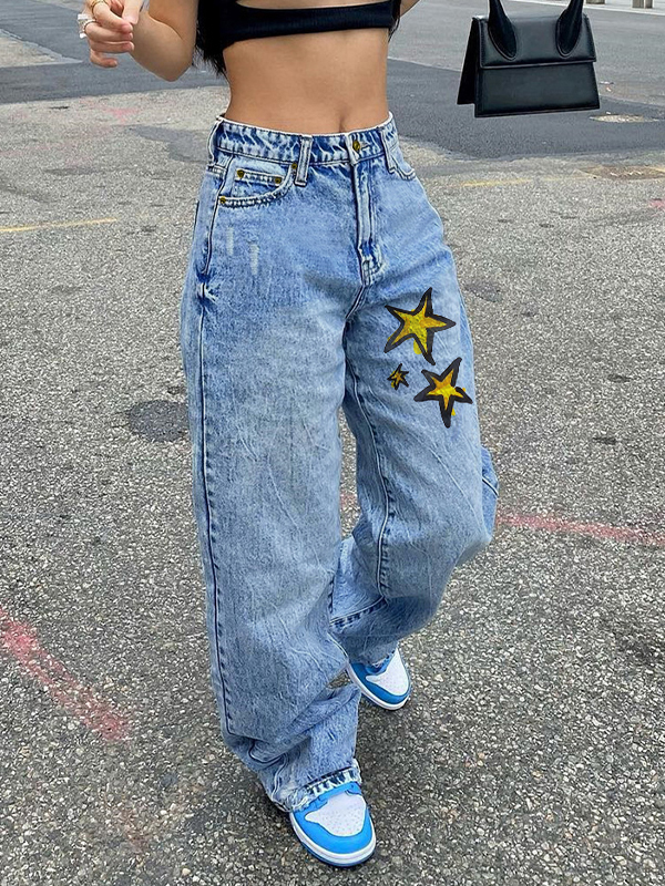 Boyfriend-Jeans mit geradem Bein und Basic-Waschungsdruck-1